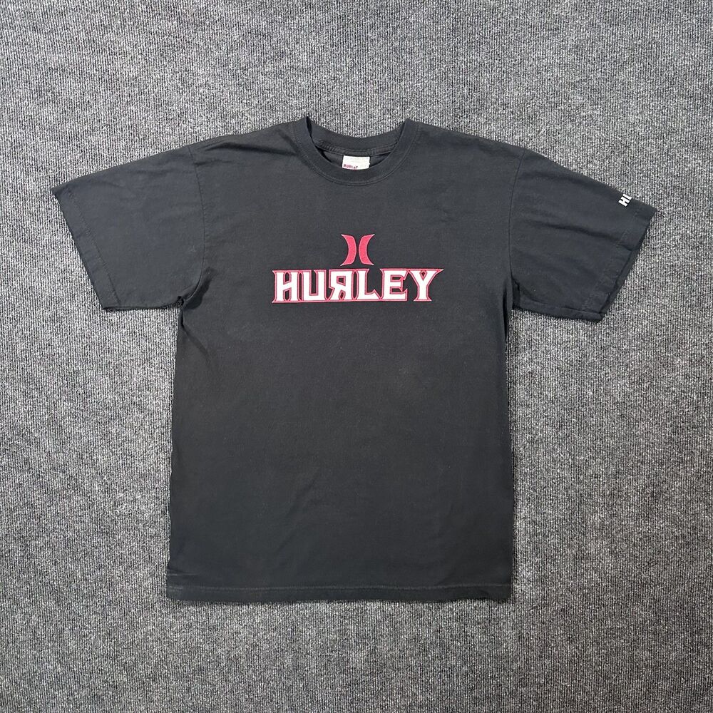 Vintage Y2K Hurley Front and Sleeve Graphic Black Mens Large T-Shirt